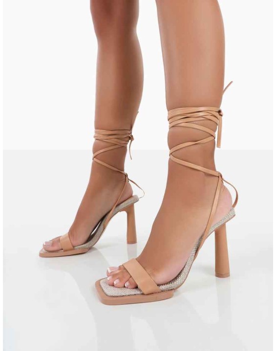 Province Nude Square Toe Strappy Lace Up Heels