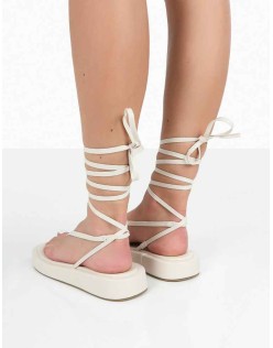 Beach Babe Ecru Lace Up Toe Thong Flatform Sandals