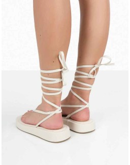 Beach Babe Ecru Lace Up Toe Thong Flatform Sandals