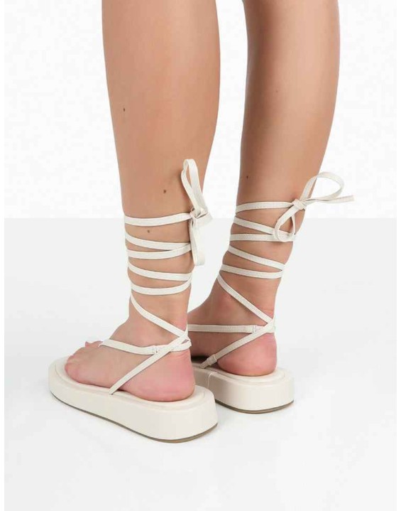Beach Babe Ecru Lace Up Toe Thong Flatform Sandals