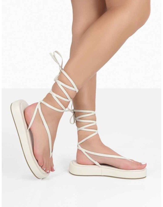 Beach Babe Ecru Lace Up Toe Thong Flatform Sandals