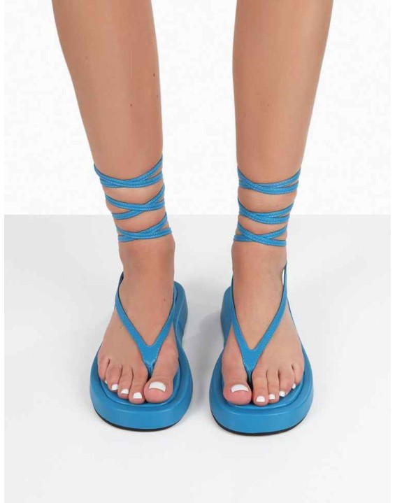 Beach Babe Blue Lace Up Toe Thong Flatform Sandals