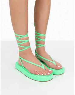 Beach Babe Green Lace Up Toe Thong Flatform Sandals