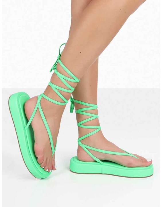 Beach Babe Green Lace Up Toe Thong Flatform Sandals