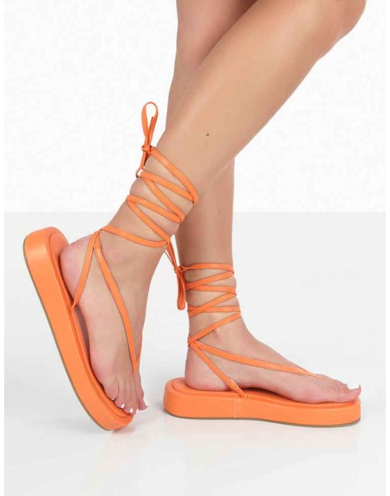 Beach Babe Orange Lace Up Toe Thong Flatform Sandals