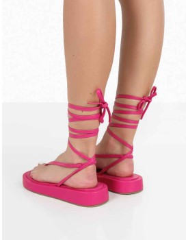 Beach Babe Pink Lace Up Toe Thong Flatform Sandals