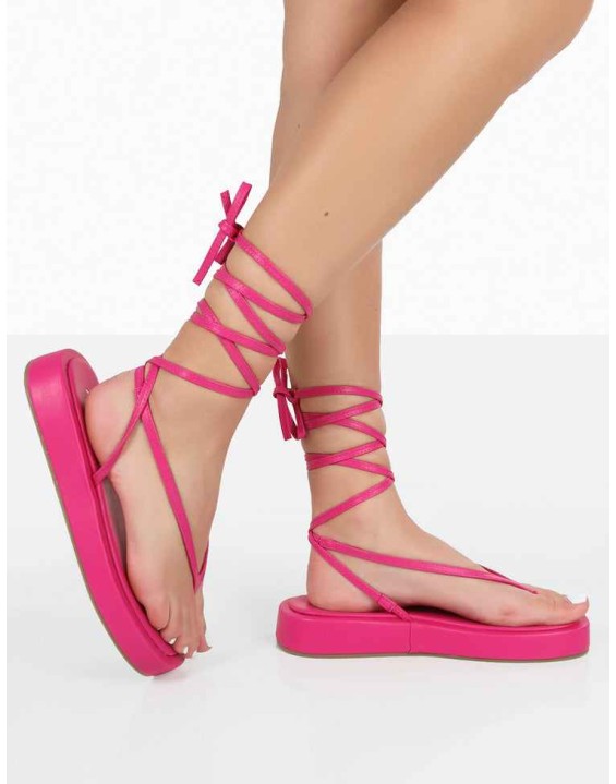 Beach Babe Pink Lace Up Toe Thong Flatform Sandals