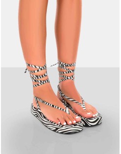 Beach Babe Zebra Lace Up Toe Thong Flatform Sandals