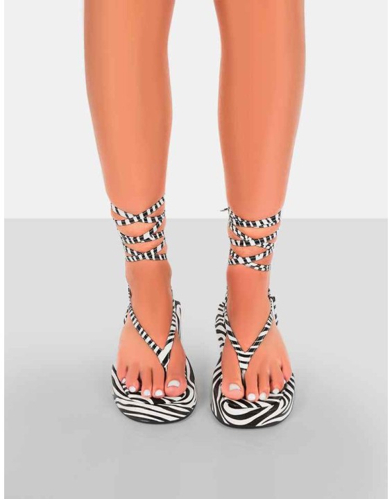 Beach Babe Zebra Lace Up Toe Thong Flatform Sandals