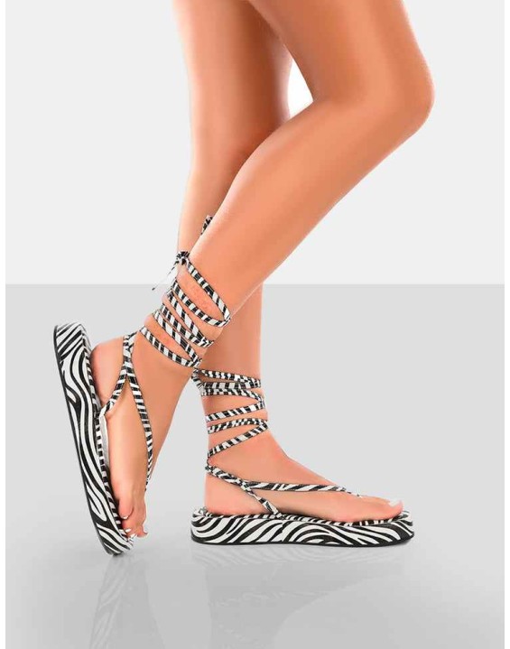 Beach Babe Zebra Lace Up Toe Thong Flatform Sandals