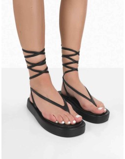 Beach Babe Black Lace Up Toe Thong Flatform Sandals