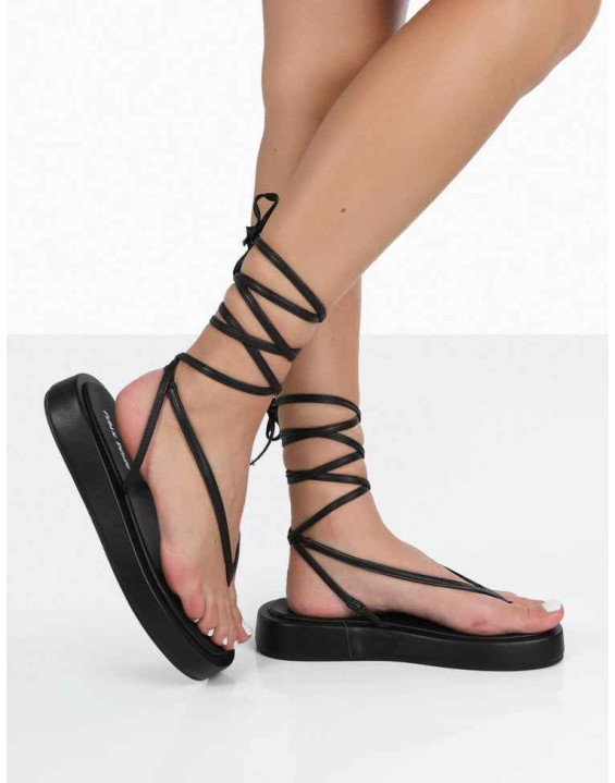 Beach Babe Black Lace Up Toe Thong Flatform Sandals