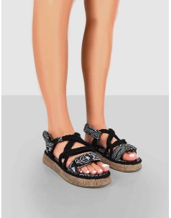 Miami Black Printed Rope Flatform Lace Up Sandals