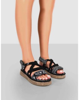 Miami Black Printed Rope Flatform Lace Up Sandals
