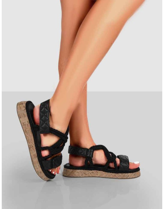 Miami Wide Fit Black Rope Flatform Lace Up Sandals