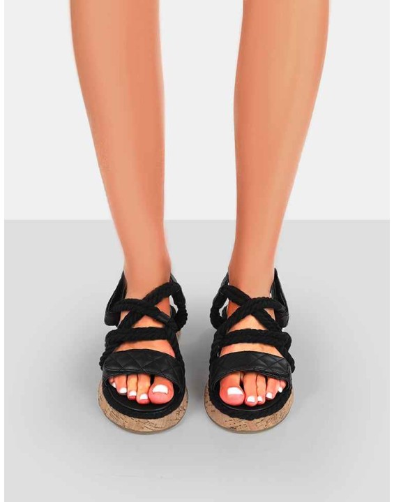 Miami Wide Fit Black Rope Flatform Lace Up Sandals