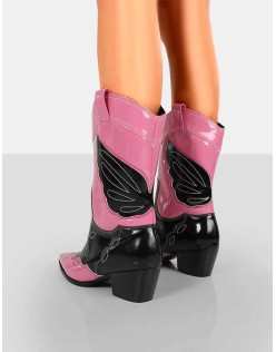 Howdy Pink Patent Pointed Toe Western Cowboy Ankle Boots