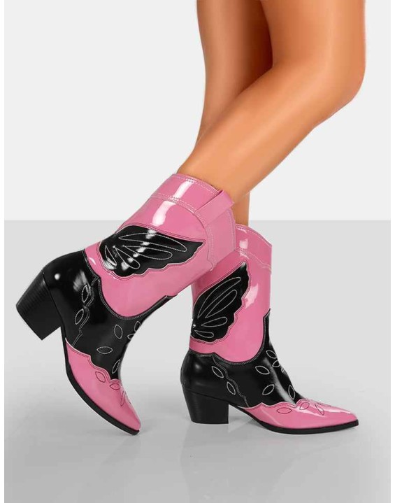 Howdy Pink Patent Pointed Toe Western Cowboy Ankle Boots
