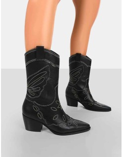 Howdy Black PU Pointed Toe Western Cowboy Ankle Boots