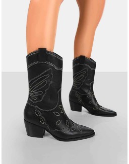 Howdy Black PU Pointed Toe Western Cowboy Ankle Boots