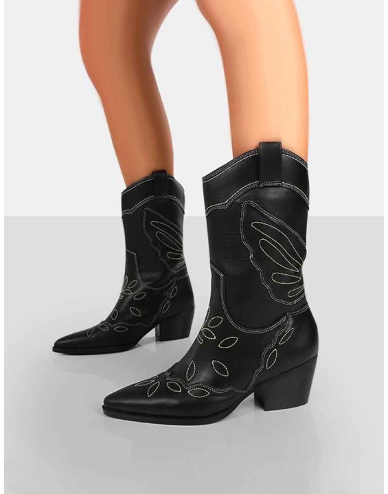 Howdy Black PU Pointed Toe Western Cowboy Ankle Boots