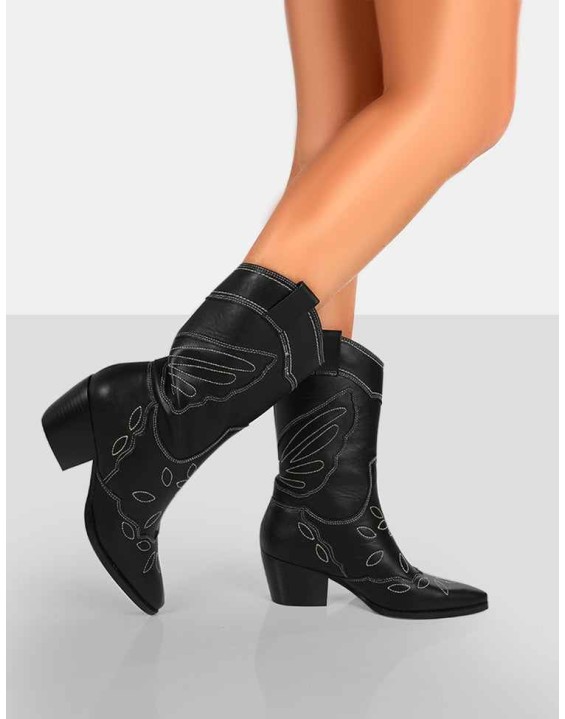 Howdy Black PU Pointed Toe Western Cowboy Ankle Boots