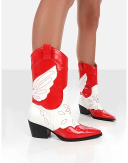 Howdy Red Patent Pointed Toe Western Cowboy Ankle Boots