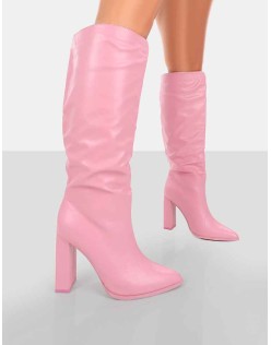 Far Away Pink Grain PU Square Toe Knee High Boots