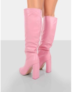 Far Away Pink Grain PU Square Toe Knee High Boots