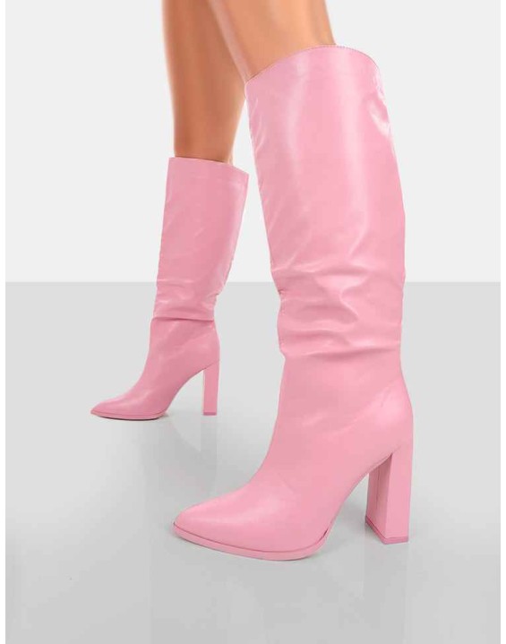 Far Away Pink Grain PU Square Toe Knee High Boots