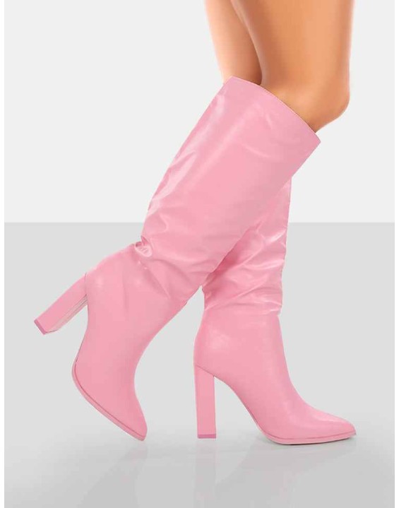 Far Away Pink Grain PU Square Toe Knee High Boots