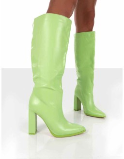 Far Away Lime Grain PU Square Toe Knee High Boots