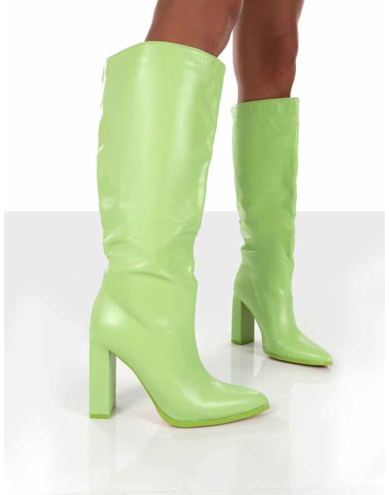 Far Away Lime Grain PU Square Toe Knee High Boots