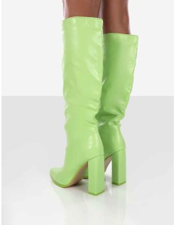 Far Away Lime Grain PU Square Toe Knee High Boots