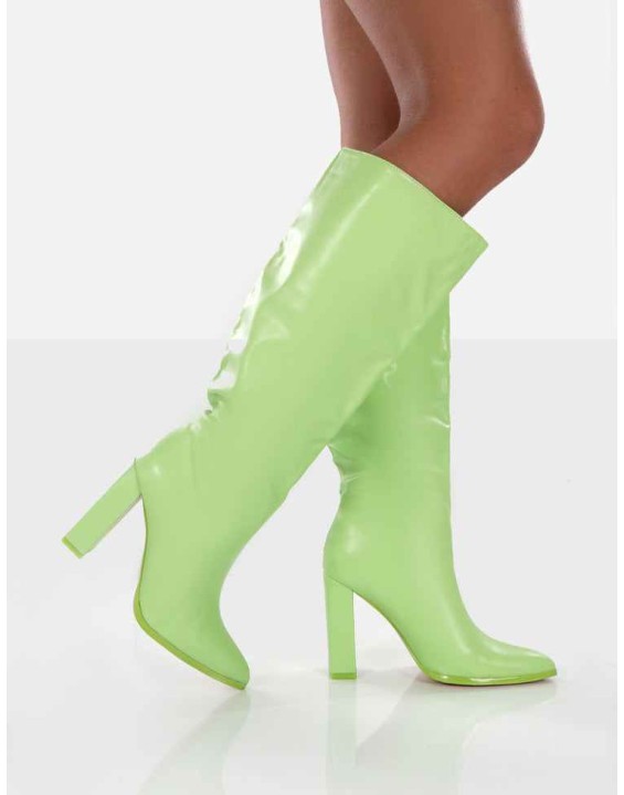 Far Away Lime Grain PU Square Toe Knee High Boots