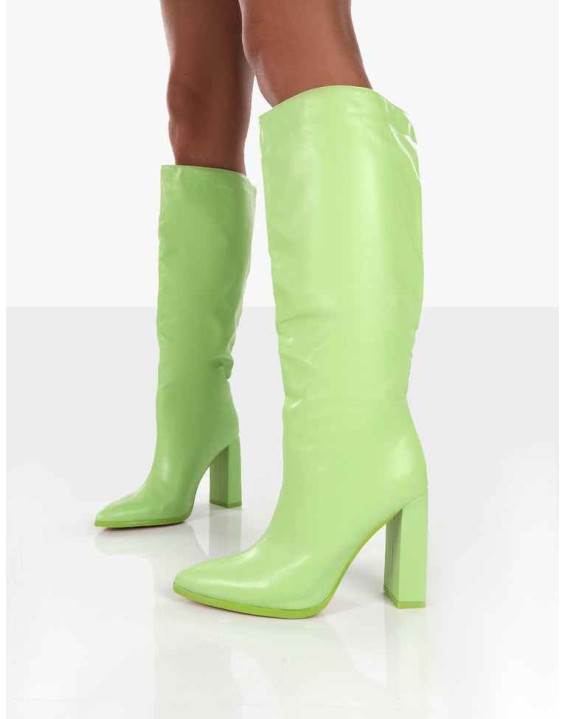 Far Away Lime Grain PU Square Toe Knee High Boots