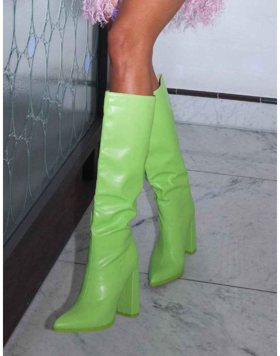 Far Away Lime Grain PU Square Toe Knee High Boots
