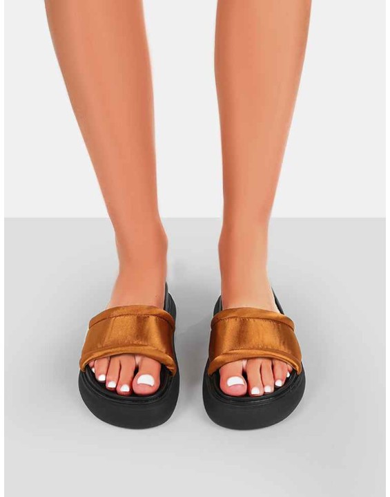 Demi Brown Satin Slider Sandals