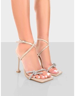 Glitter Nude Wrap Around Diamante Bow Square Toe Heels