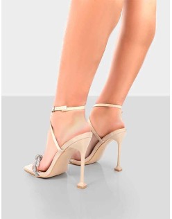 Glitter Nude Wrap Around Diamante Bow Square Toe Heels
