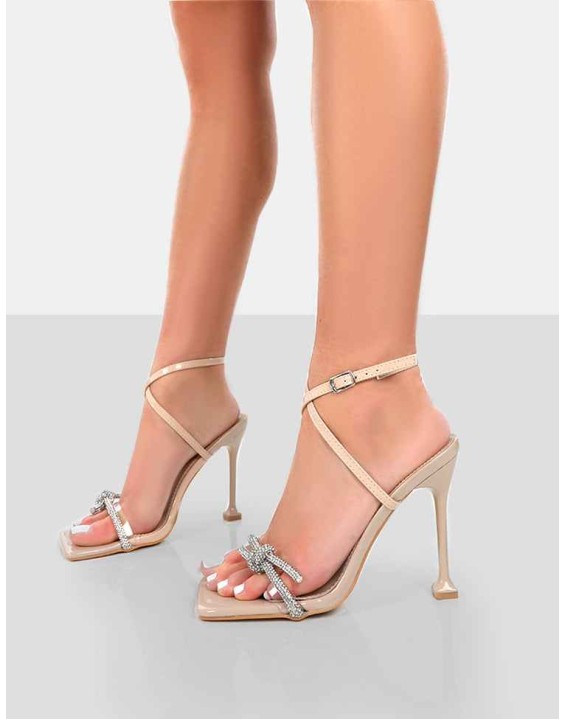 Glitter Nude Wrap Around Diamante Bow Square Toe Heels