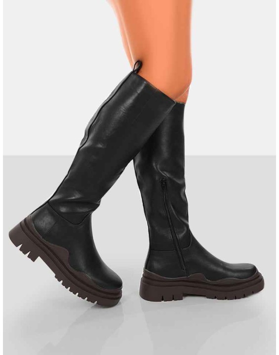 On Point Chocolate Black PU Chunky Sole Knee High Boots