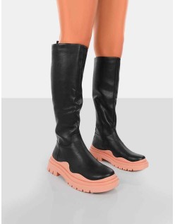 On Point Pink Black PU Chunky Sole Knee High Boots