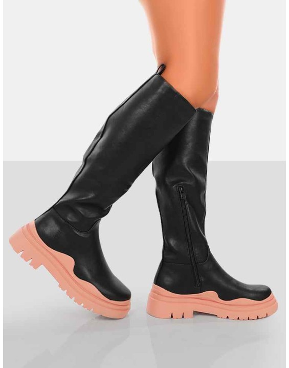 On Point Pink Black PU Chunky Sole Knee High Boots