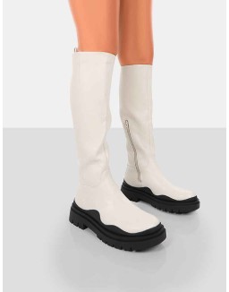 On Point Ecru Black PU Chunky Sole Knee High Boots
