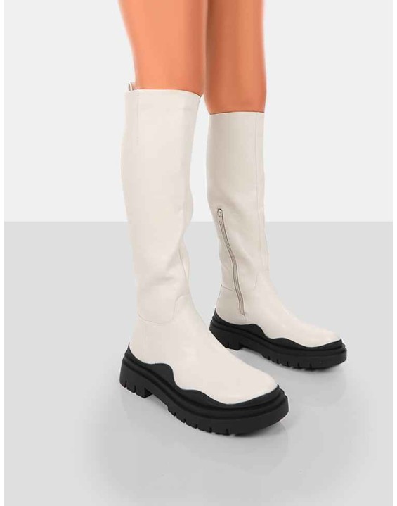 On Point Ecru Black PU Chunky Sole Knee High Boots