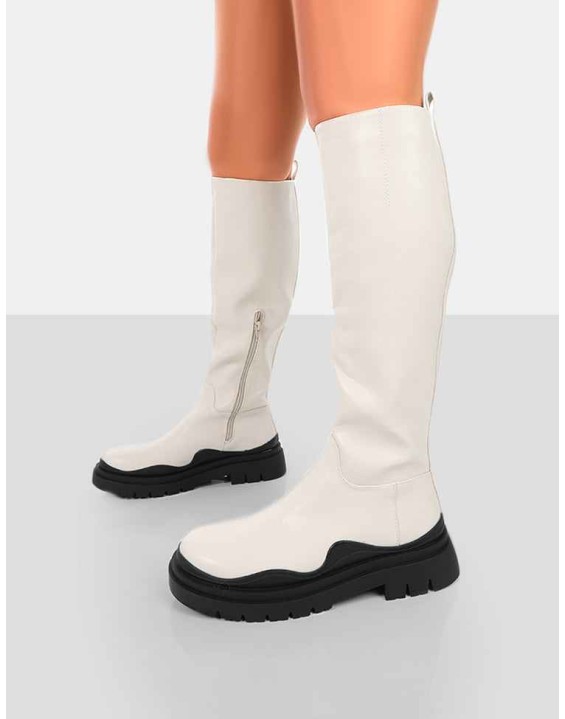 On Point Ecru Black PU Chunky Sole Knee High Boots