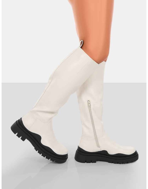 On Point Ecru Black PU Chunky Sole Knee High Boots