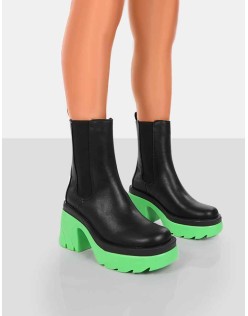 Step Up Black Green PU Heeled Ankle Boots