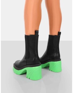 Step Up Black Green PU Heeled Ankle Boots